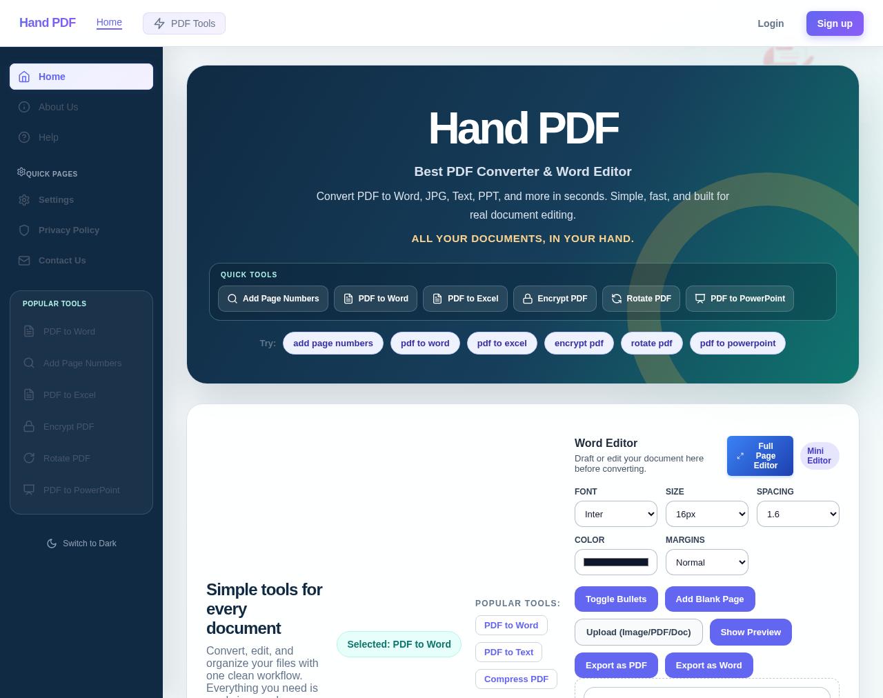 HandPDF browser workspace showing document editing and PDF export tools